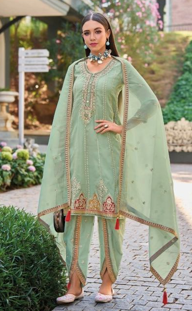 Pink Mirror Work Organza Stitched Suit Collection