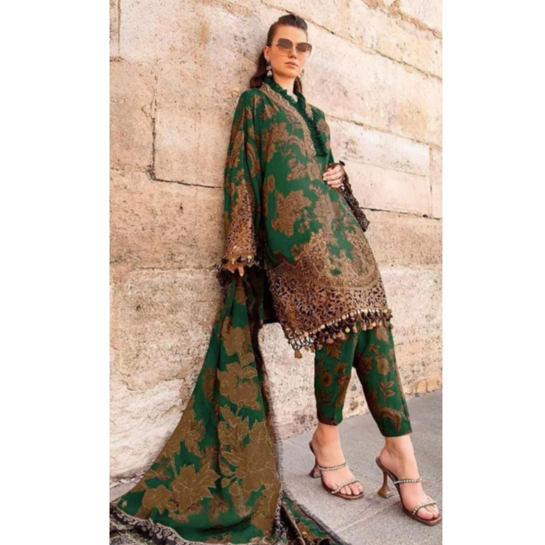 Pakistani Designer Patch Work Cotton Suit with Tassels and Chiffon Dupatta