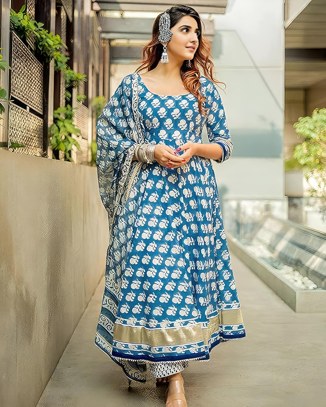 Premium Anarkali Blue Cotton Kurti With Pant and Dupatta (Semi Stitched)