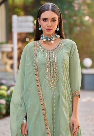 Pink Mirror Work Organza Stitched Suit Collection