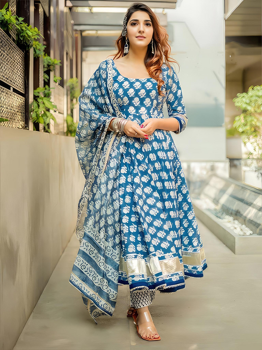 Premium Anarkali Blue Cotton Kurti With Pant and Dupatta (Semi Stitched)